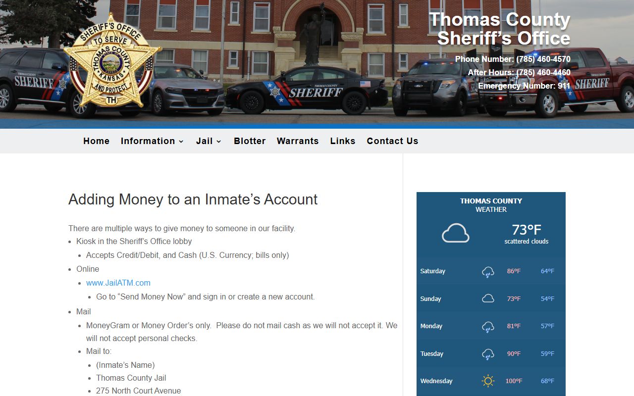 Thomas County Jail money deposit page with kiosk, JailATM, and mail options