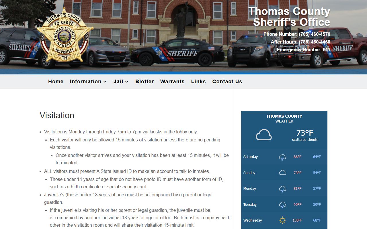 Thomas County Jail visitation page with kiosk hours and visitor rules